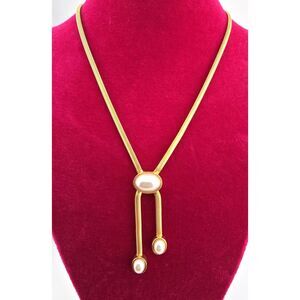 Vintage Lariat Style Faux Pearl Necklace Herringbone Snake Chain 18" Glam